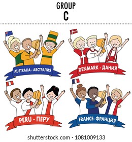 Group C. Vector isolated on white background. Set of supporters of Australia, Denmark, Peru and France team of football. 