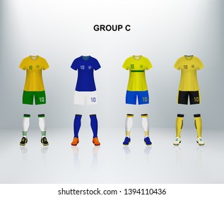 Group C of women soccer uniform in generic color theme. Design of female football t shirt of world nation tournament in vector illustration