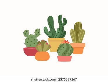 Group of cactuses. Flat illustration of five succulents in flower pots. Vector 10 EPS.