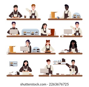 Group of cafe workers. Barista in apron making Coffee, cappuccino, pouring milk to coffee. Cafe bar background. hand drawn style