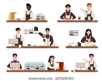 Group of cafe workers. Barista in apron making Coffee, cappuccino, pouring milk to coffee. Cafe bar background. hand drawn style