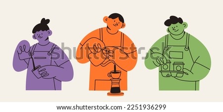 A group of cafe workers. Barista in apron making Coffee, cappuccino, pouring milk to coffee, holding paper cups. Isolated cartoon characters. Hand drawn Vector illustration. Coffee shop concept