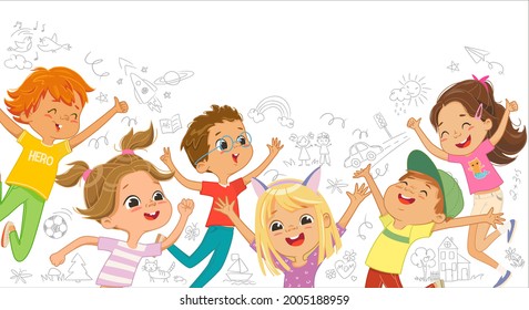 A group of Caicasian boys and girls play together, jumping and dancing fun against the background of the wall with children drawings. Long banner. Funny cartoon characters. Vector illustration