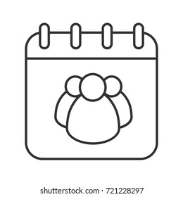 Group calendar linear icon. Thin line illustration. Team work schedule. Calendar page with group of people. Contour symbol. Vector isolated outline drawing