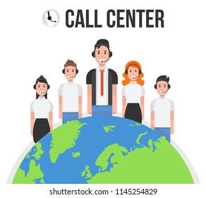 Group of call center and customer service people in office. Vector illustration.