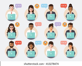 Group of call center and customer service people icon in flat design people character.