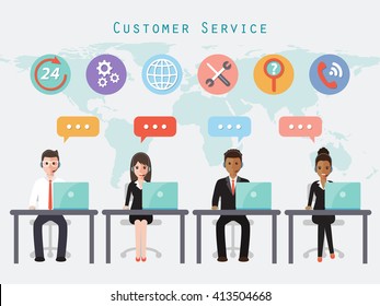 Group of call center and customer service people in office. Flat design people characters.