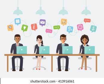Group of call center and customer service people in office. Flat design people characters.