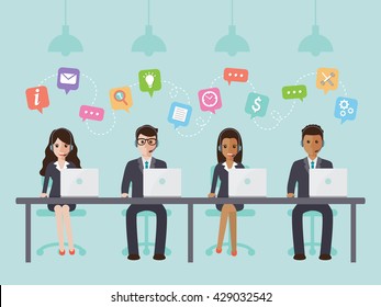 Group Of Call Center And Customer Service People In Office. Flat Design People Characters.