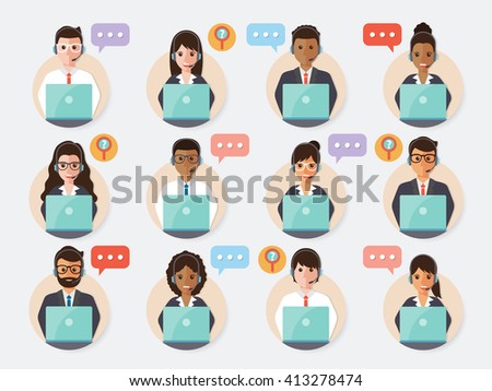 Group of call center and customer service people icon in flat design people character.