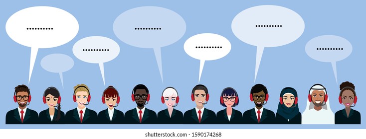 Group of call center, customer support, helpdesk or service concept. Different nationalities people. Cartoon character or flat design vector