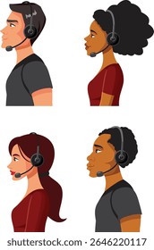 
Group of Call Center Employees of Different Ethnicity Vector Set. Diverse team of operators in a customer sport service 
