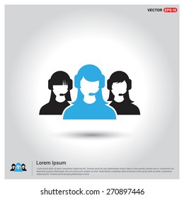 Group of call center operators wearing headsets. Call center icons. support group. User Icon. Users Icon. support team group. Blue leader Highlight. Flat style design Pictogram icon.
