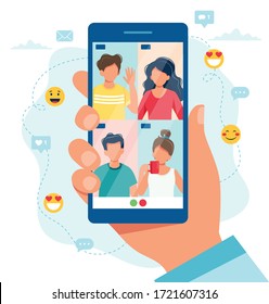 Group call with friends, video conference. Hand holding smartphone. Vector illustration in flat style