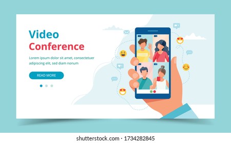 Group call with friends, video conference. Hand holding smartphone. Landing page template. Vector illustration in flat style