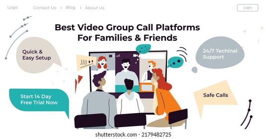 Group Call Platforms For Friends And Families, Best Applications And Websites For Office Team. Support And Free Trial, Quick And Easy Setup For All. Remote Talking Online. Vector In Flat Style