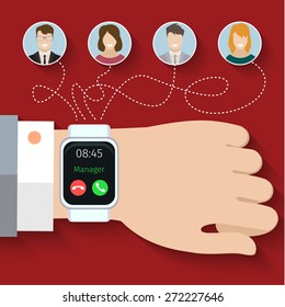 Group call through smart watches. Flat design, vector illustration