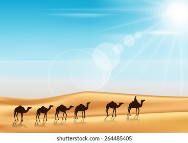 Group of Camels Caravan Riding in Realistic Wide Desert Sands in Middle East with a Beautiful Sunlight in Horizon. Editable Vector Illustration