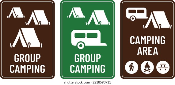 Group camping, caravan camping, camping icons print ready sign vector