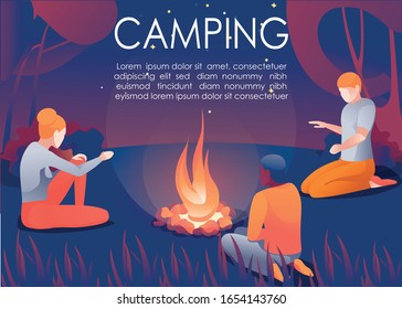 Group Camping in Forest at Night Invitation Poster. Multiracial People Resting on Nature, Sitting near Bonfire and Speaking, Telling Stories. Friends on Picnic. Camp Advertisement. Vector Illustration