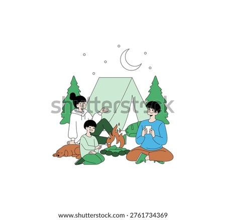 Group camping under a starry sky, sitting around a campfire with a tent in the background. Characters are relaxed and smiling, surrounded by nature, enjoying a peaceful night. Vector illustration.