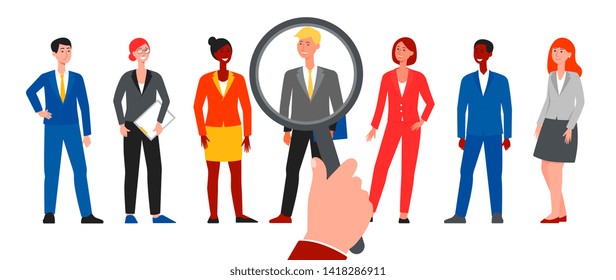 A group of candidates for a vacant job is reviewed through a PR manager's magnifier flat vector illustration isolated on white background. Employee selection and choice.