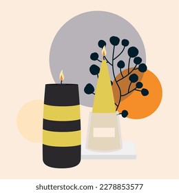 Grupo de velas para amoraterapia y hojas Vector