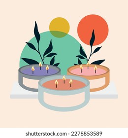 Group of candles for amoratherapy and leaves Vector