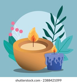 Group of candles for amoratherapy and leaves Vector illustration