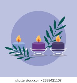 Group of candles for amoratherapy and leaves Vector illustration