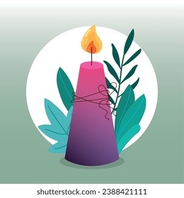 Group of candles for amoratherapy and leaves Vector illustration