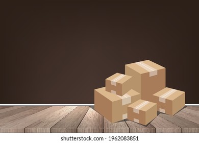 Un grupo de cajas de cartón en el almacén se está preparando para enviarlas a los clientes en un suelo de madera	