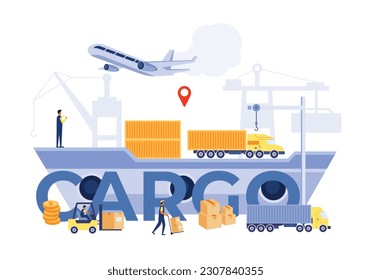 A group of cargo workers are working on a large blue sign that says cargo