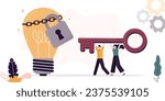 Group carry giant key to light bulb with lock. Key or way to discover new innovations, unlock team creativity for success. New business ideas to achieve goals, secret knowledges and opportunities.