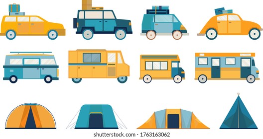 Group Of Cars, Buses And Tents For Camping Trip. Blue And Yellow Color. Summer Vibe. 