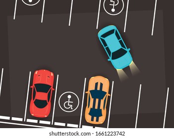 group of cars and disable space in parking zone scene vector illustration design