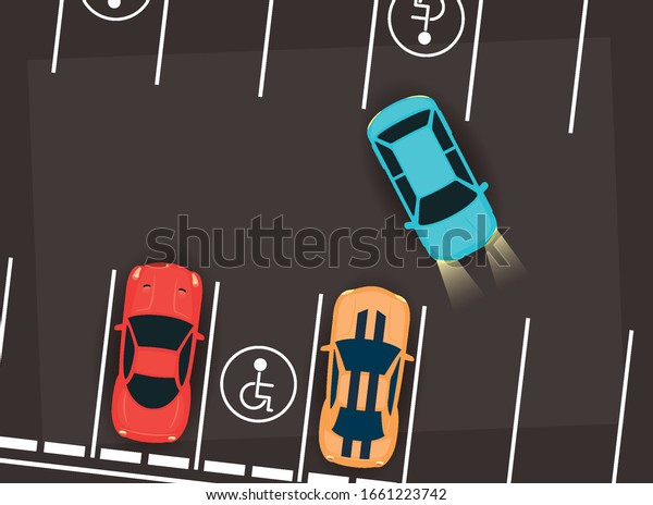 group of cars and disable space in parking zone\
scene vector illustration\
design
