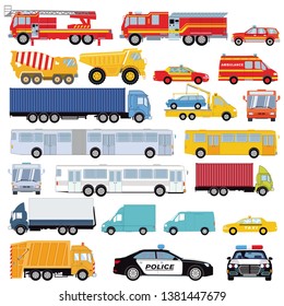 Group of cars, vans, bus and transport