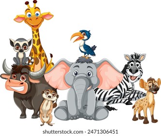 Group of cartoon African animals smiling together