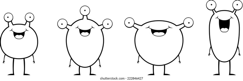 A group of cartoon aliens standing and smiling.