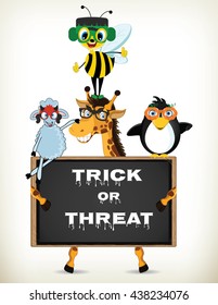Group of cartoon animal halloween characters.