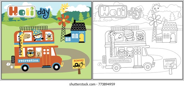 Group of cartoon animals on bus in vacation trip, coloring book or page