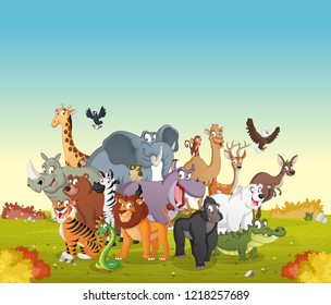 Group of cartoon animals on green park. Vector illustration of funny happy animals.
