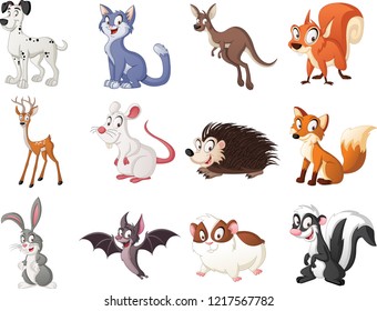 Group of cartoon animals. Vector illustration of funny happy animals.