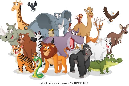 Group of cartoon animals. Vector illustration of funny happy animals.