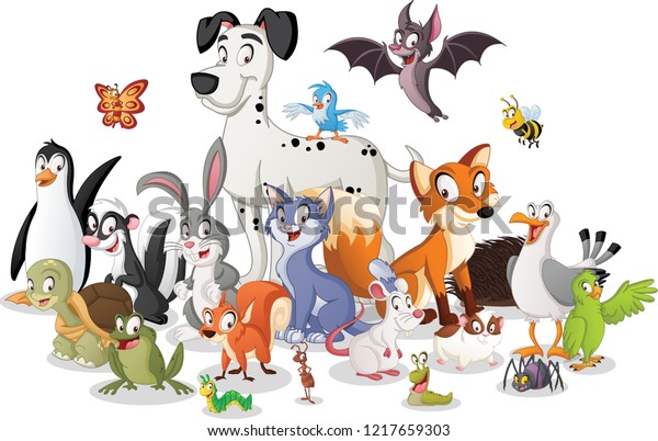 Group of cartoon animals. Vector illustration of\
funny happy animals.