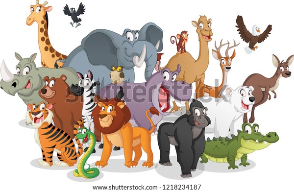 Group of cartoon animals. Vector illustration of\
funny happy animals.