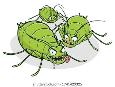 Group of cartoon aphids mites on the white and gray background.