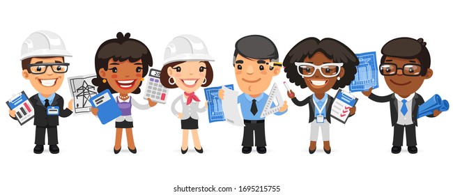 A group of cartoon architectural bureau workers characters with different roles stand on a white background. Architect, engineer, foreman, electrician, accountant, inspector and others. Flat style.