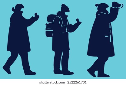 Group of cartoon backpacker winter hiking at mountain landscape panorama. Two active couple walking at snowy season. Colorful people outdoors activity. Travel expedition and mountaineering sport